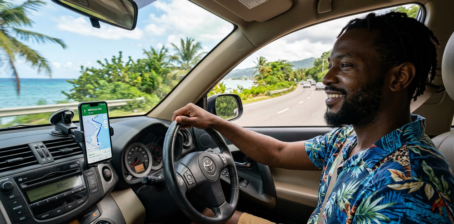 Driver navigating a coastal road with phone GPS directions